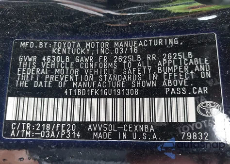 2016 Toyota Camry Hybrid Le z USA, uszkodzony, nr VIN 4T1BD1FK1GU191308